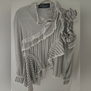 An C'mon Made In Korea Striped Ruffle Blouse in Grey, Blue And White Stripes
